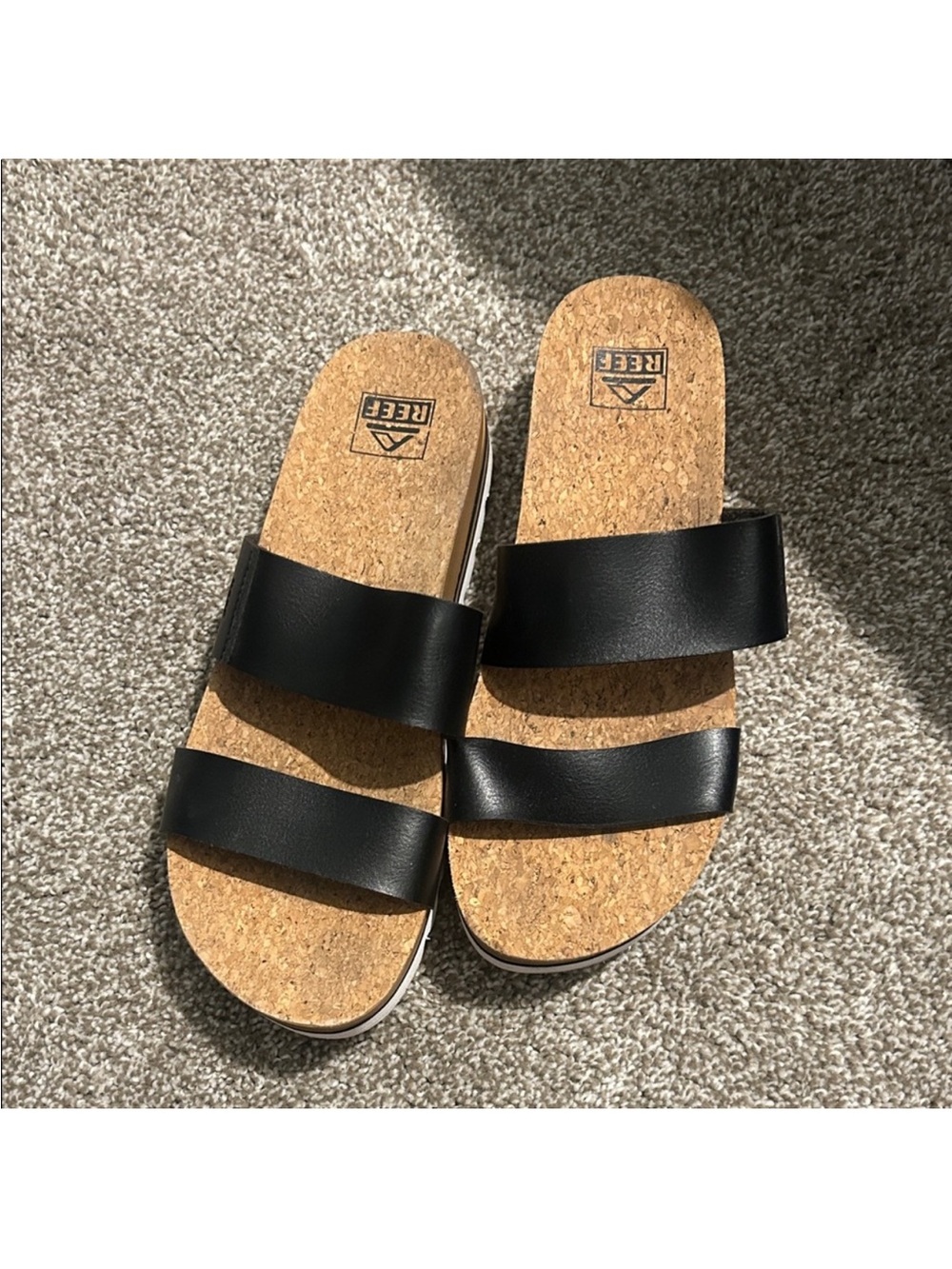Reef Black Double-Strap Cork Slide Sandals